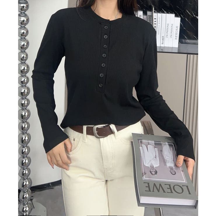 ブラック | aimoha - select -/ヘンリーネックリブトップス | aimoha 