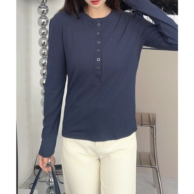 ネイビー | aimoha - select -/ヘンリーネックリブトップス | aimoha 