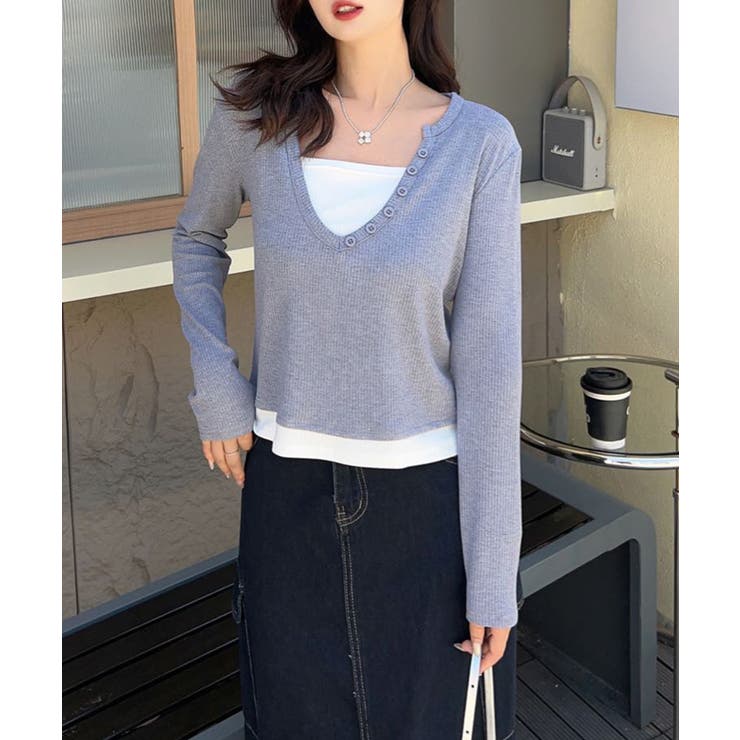 ボタン付きVネックレイヤードリブトップス | aimoha  | 詳細画像1 