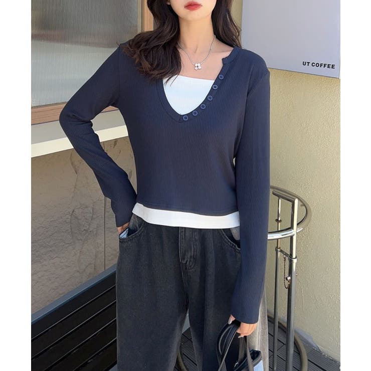 ボタン付きVネックレイヤードリブトップス | aimoha  | 詳細画像8 