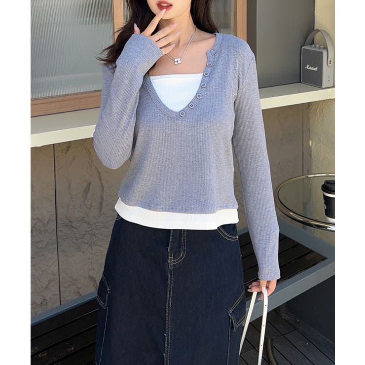 ライトグレー | ボタン付きVネックレイヤードリブトップス | aimoha 