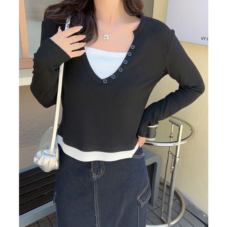 ボタン付きVネックレイヤードリブトップス | aimoha  | 詳細画像2 