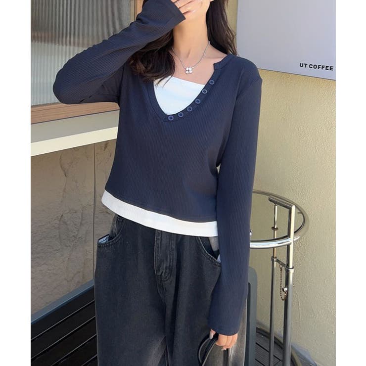 ボタン付きVネックレイヤードリブトップス | aimoha  | 詳細画像3 