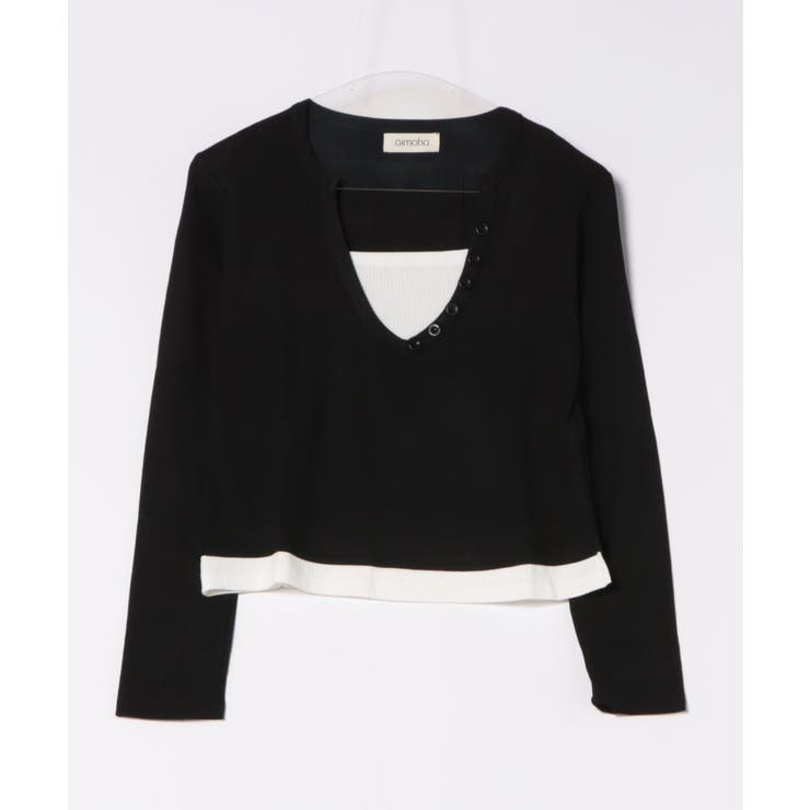 ボタン付きVネックレイヤードリブトップス | aimoha  | 詳細画像4 