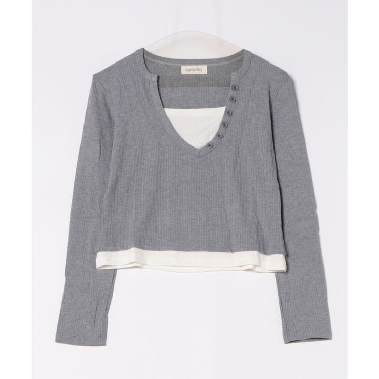 ボタン付きVネックレイヤードリブトップス | aimoha  | 詳細画像5 