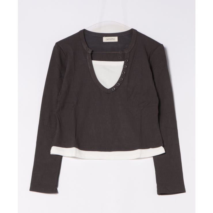 ボタン付きVネックレイヤードリブトップス | aimoha  | 詳細画像6 