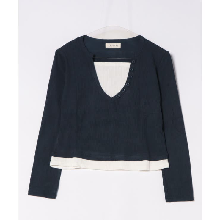 ボタン付きVネックレイヤードリブトップス | aimoha  | 詳細画像7 