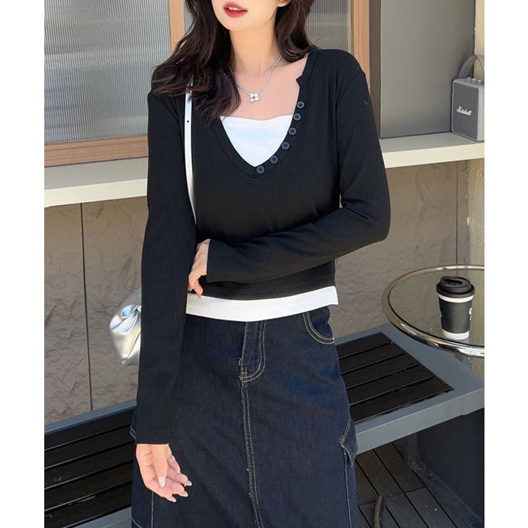 ブラック | ボタン付きVネックレイヤードリブトップス | aimoha 