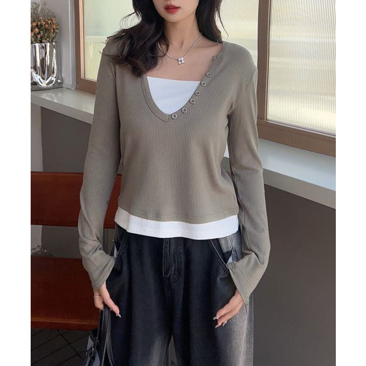 ベージュ | ボタン付きVネックレイヤードリブトップス | aimoha 