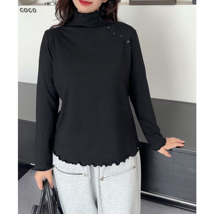 ブラック | aimoha   select  ショルダーボタンリブメロウハイネックトップス | aimoha 