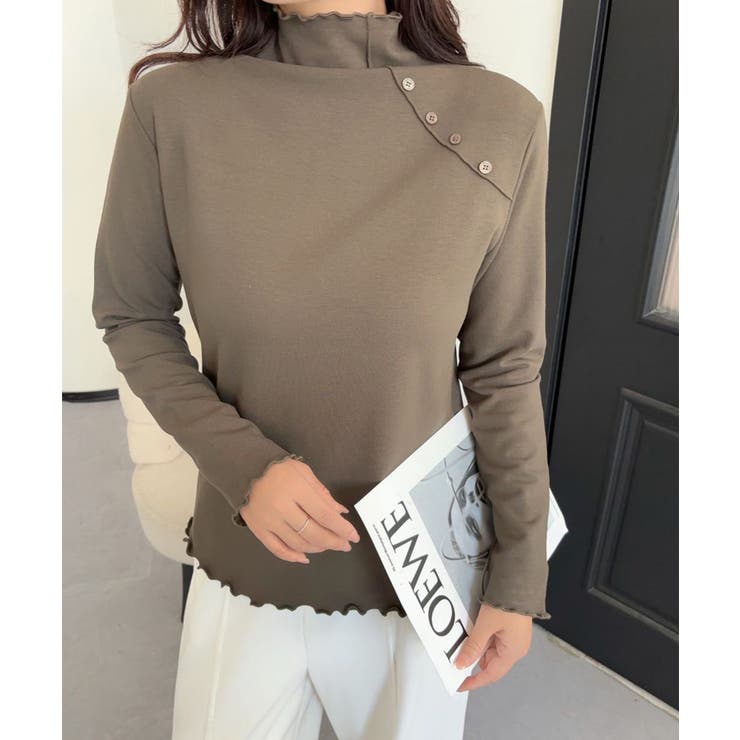 カーキ | aimoha   select  ショルダーボタンリブメロウハイネックトップス | aimoha 