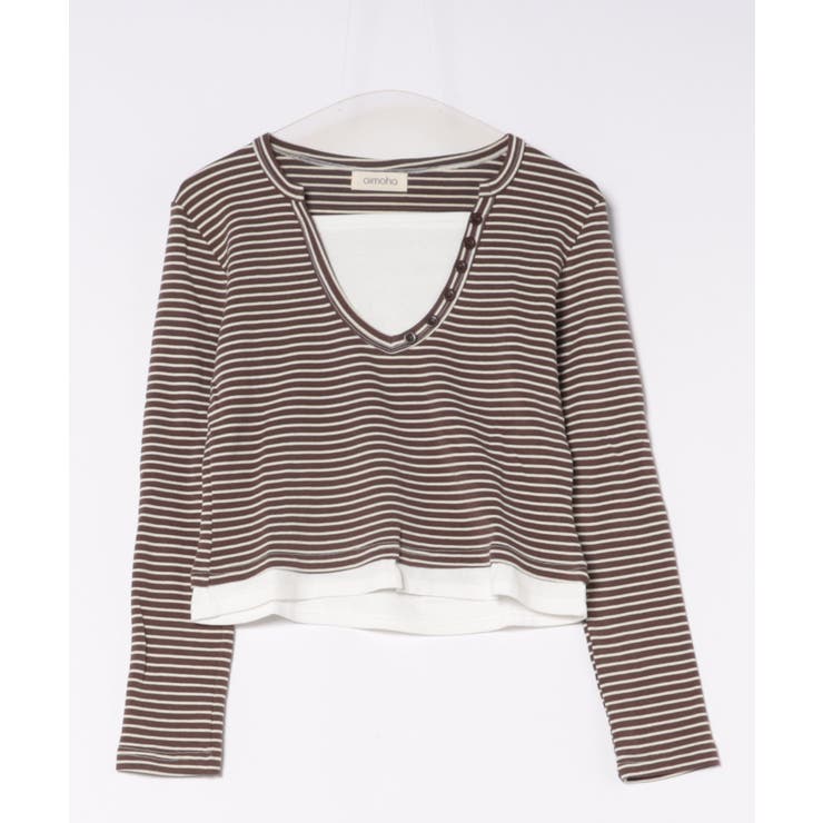 ボタン付きVネックレイヤードボーダートップス | aimoha  | 詳細画像5 