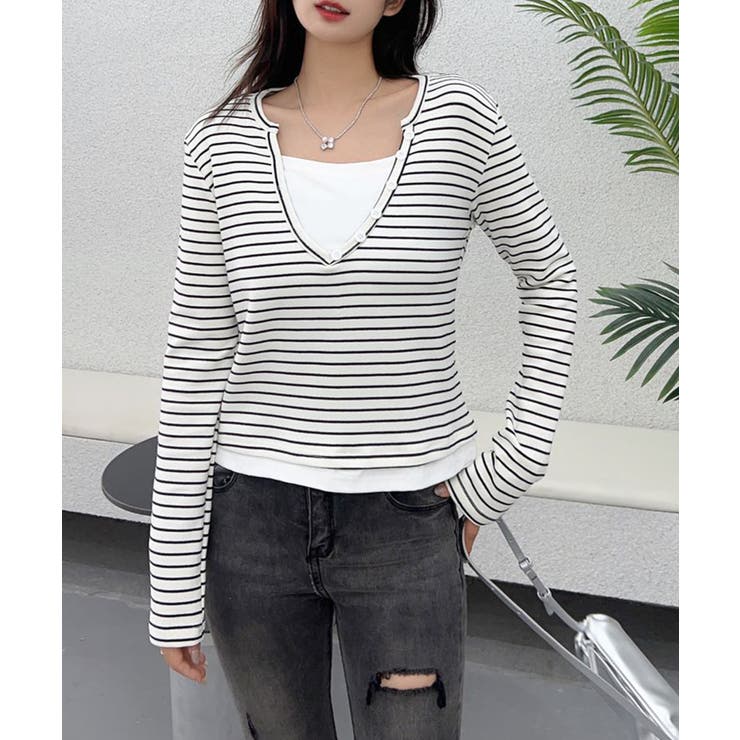 ボタン付きVネックレイヤードボーダートップス | aimoha  | 詳細画像6 