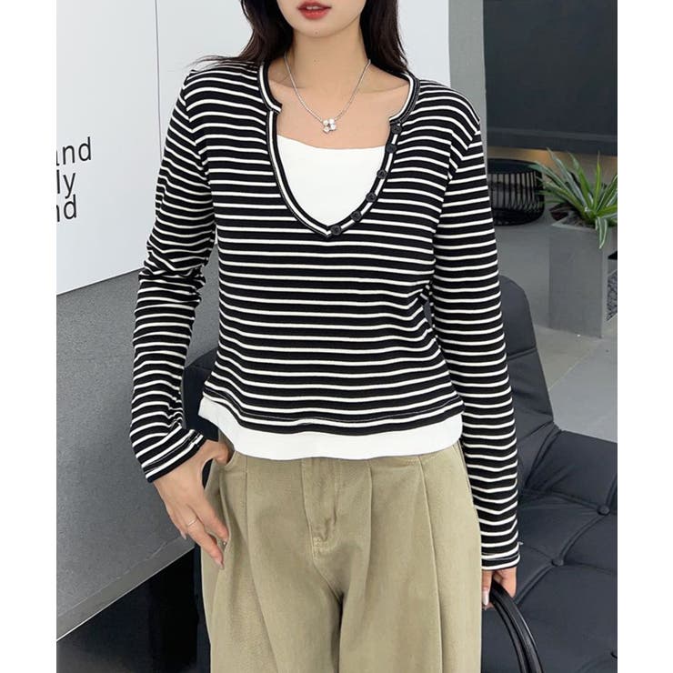 ボタン付きVネックレイヤードボーダートップス | aimoha  | 詳細画像7 