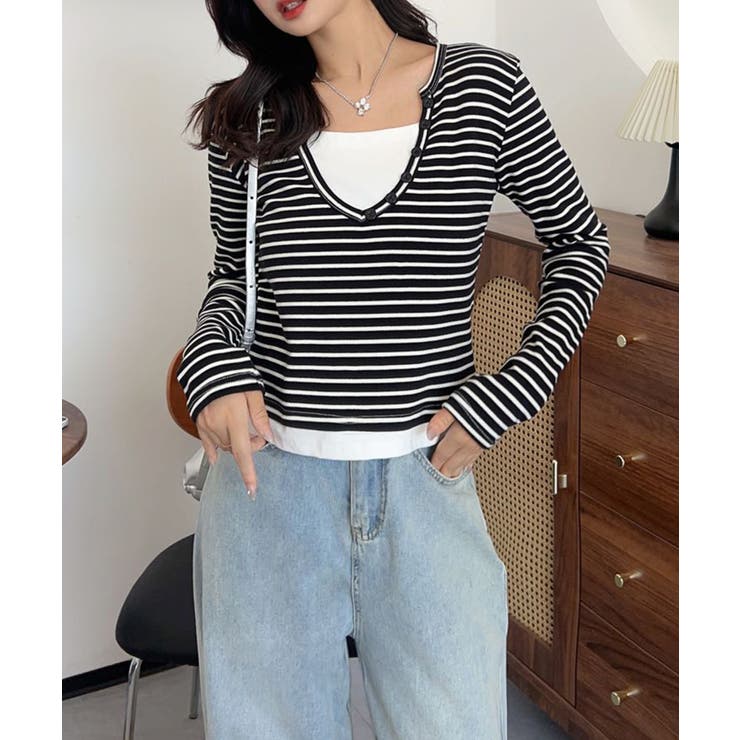 ボタン付きVネックレイヤードボーダートップス | aimoha  | 詳細画像8 