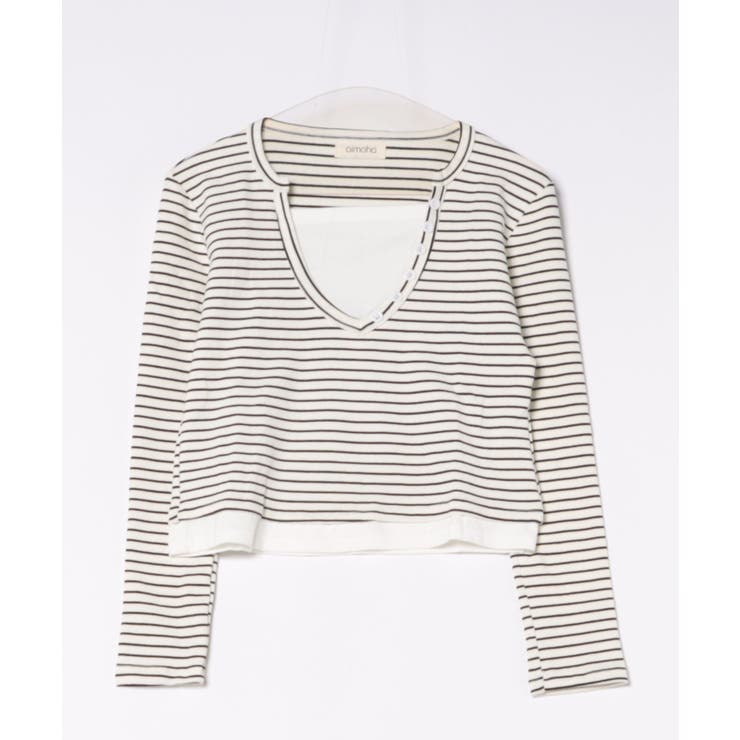ボタン付きVネックレイヤードボーダートップス | aimoha  | 詳細画像1 
