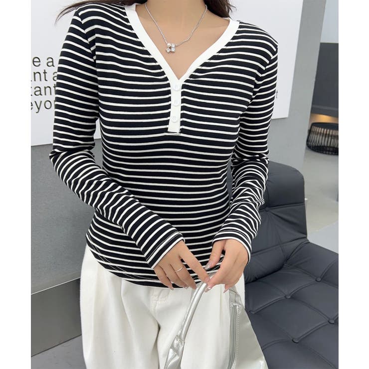 ブラック | Vネックヘンリーボーダートップス | aimoha 