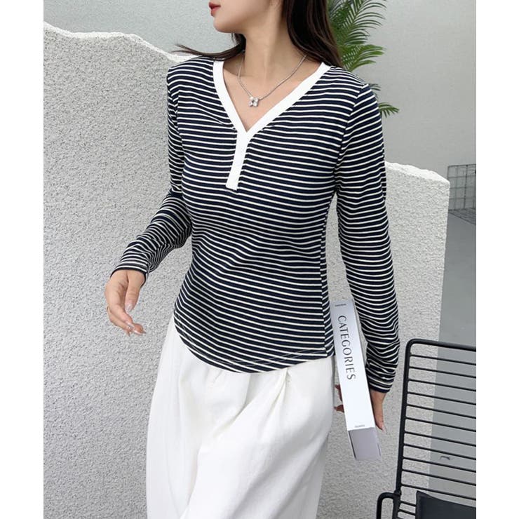 ネイビー | Vネックヘンリーボーダートップス | aimoha 