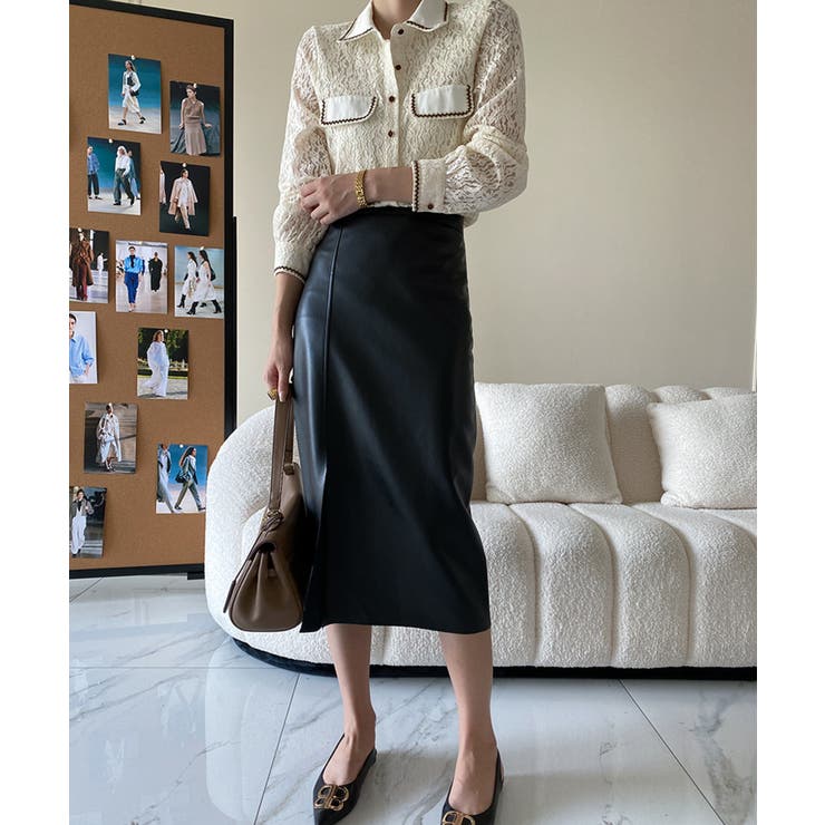 フェイクレザースリットスカート 韓国ファッション ロング