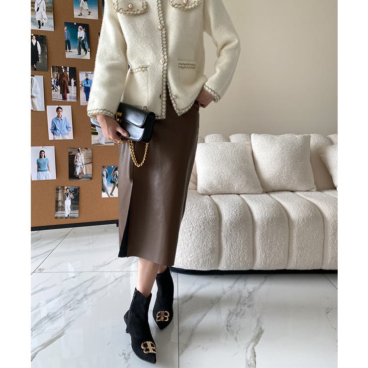 フェイクレザースリットスカート 韓国ファッション ロング