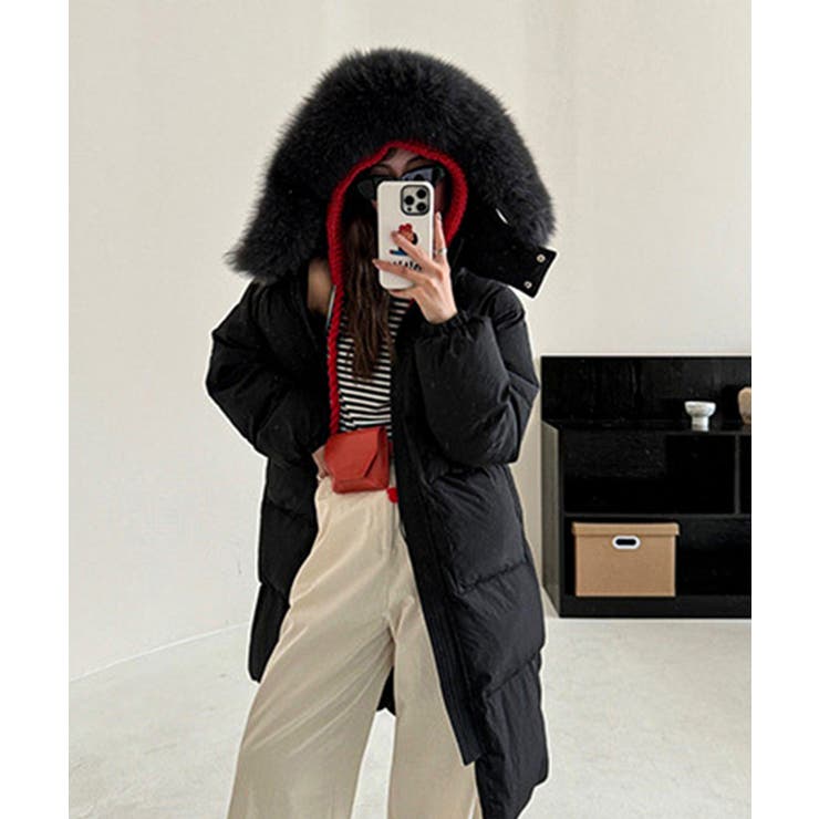 ブラック | ふわふわフォックスファーフードロングダウン | aimoha 