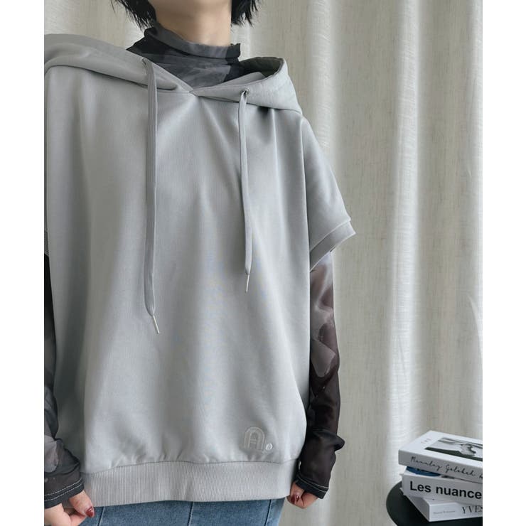 グレー | オリジナル英文字刺繍半袖オーバーサイズパーカー | aimoha 