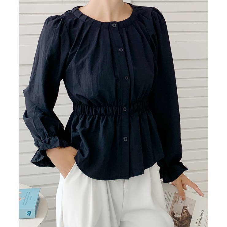 ネイビー | 【BANICO】ウエストギャザー フリル袖 シャツブラウス | aimoha 