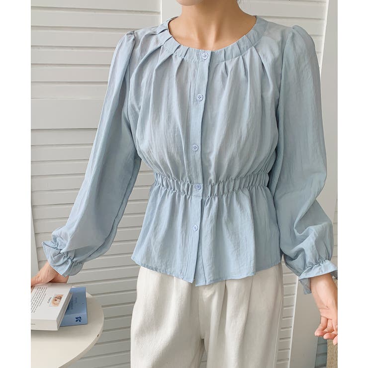 ライトブルー | 【BANICO】ウエストギャザー フリル袖 シャツブラウス | aimoha 