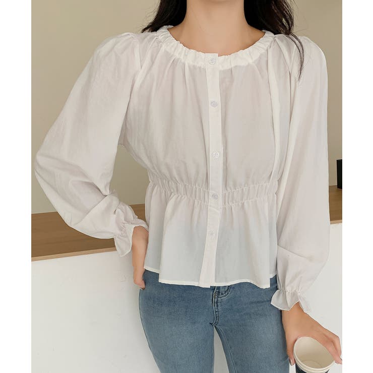 ホワイト | 【BANICO】ウエストギャザー フリル袖 シャツブラウス | aimoha 