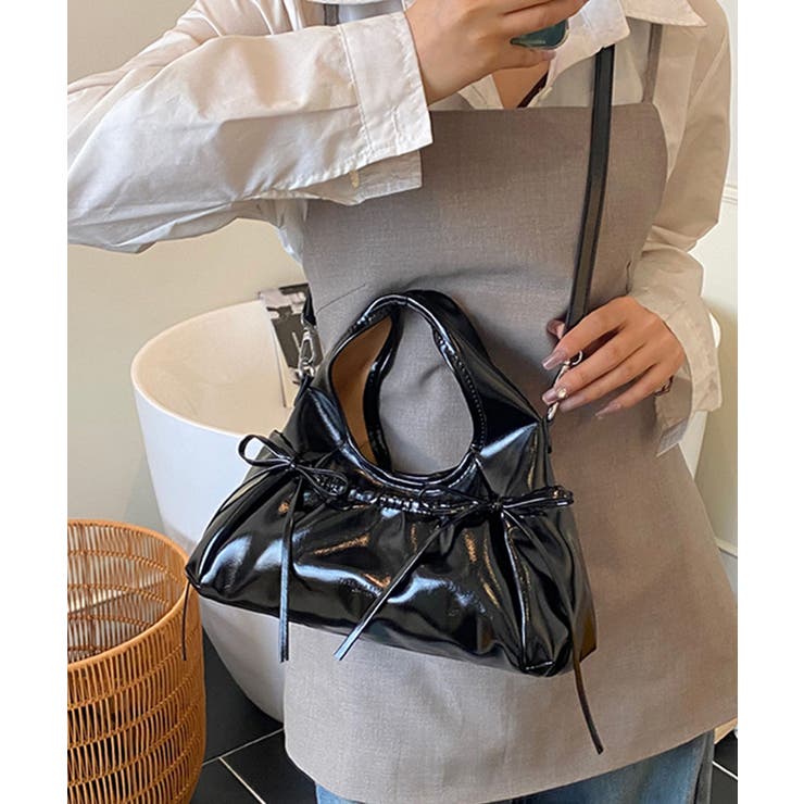 ブラック | HOOK for girls 2WAY リボンデザイン フェイクレザー バッグ | HOOK