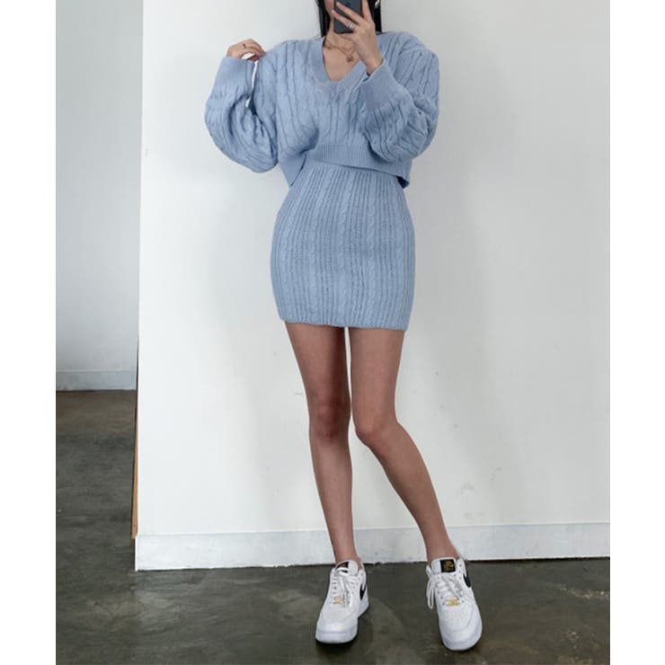 Vネックニットミニスカートセットアップ 2点セット 韓国