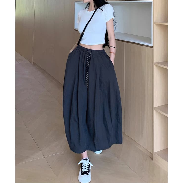 ネイビー | ウォッシュコットンバルーン切り替えロングスカート | aimoha 