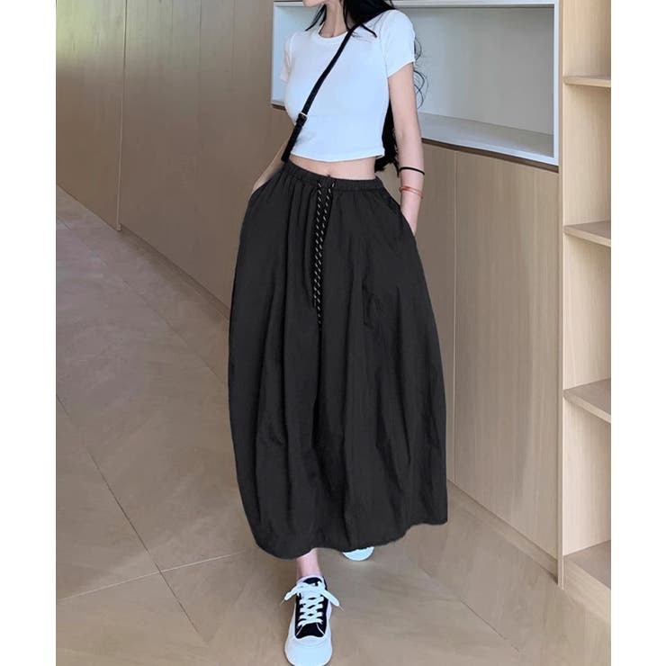 ブラック | ウォッシュコットンバルーン切り替えロングスカート | aimoha 