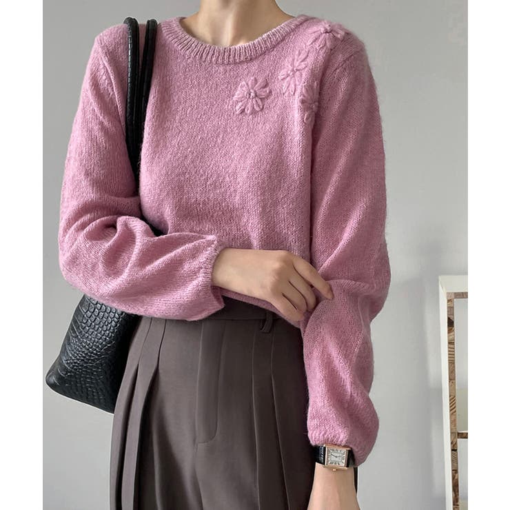 ピンク | フラワー刺繍セーター 韓国 ライク | aimoha 