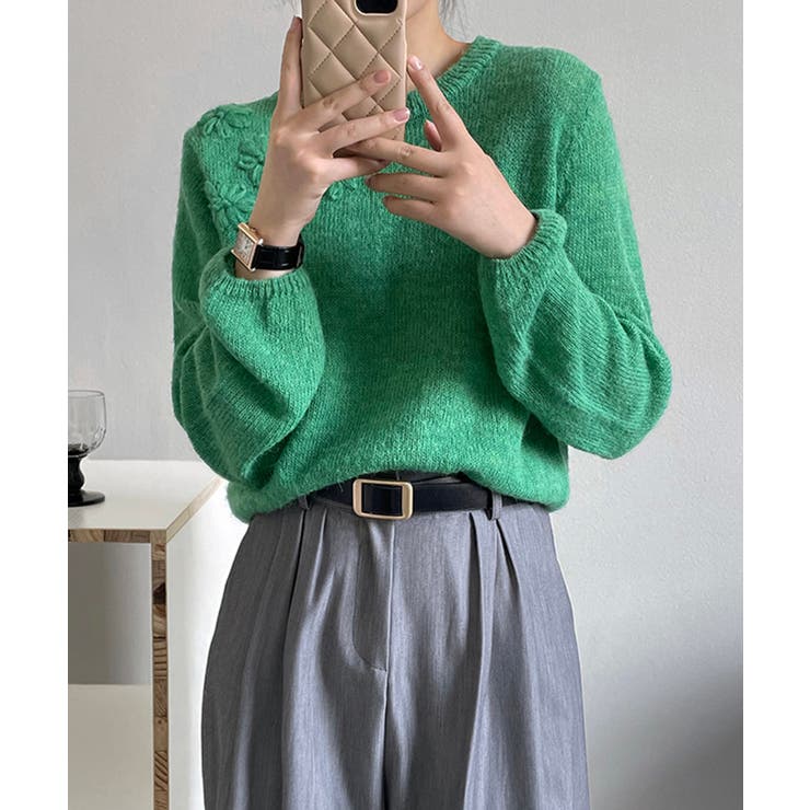 グリーン | フラワー刺繍セーター 韓国 ライク | aimoha 