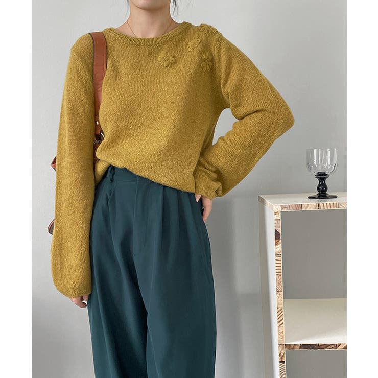 イエロー | フラワー刺繍セーター 韓国 ライク | aimoha 