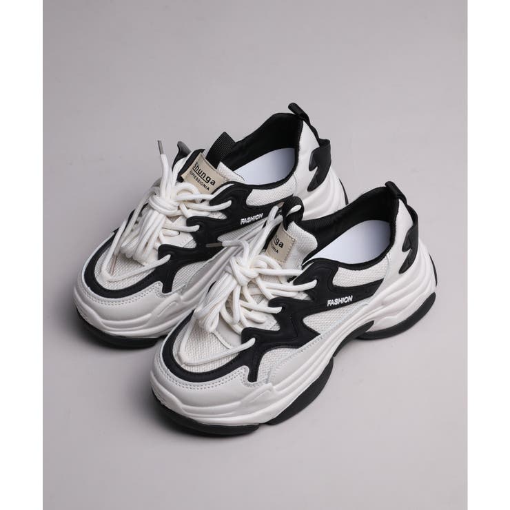 満点の shoes365】ダブル紐デザイン厚底メッシュスニーカー[品番 パーツ