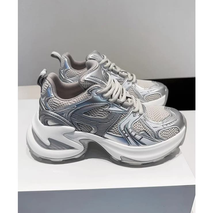 シルバー | 【shoes365】パッチワークデザイン厚底メッシュスニーカー | aimoha 