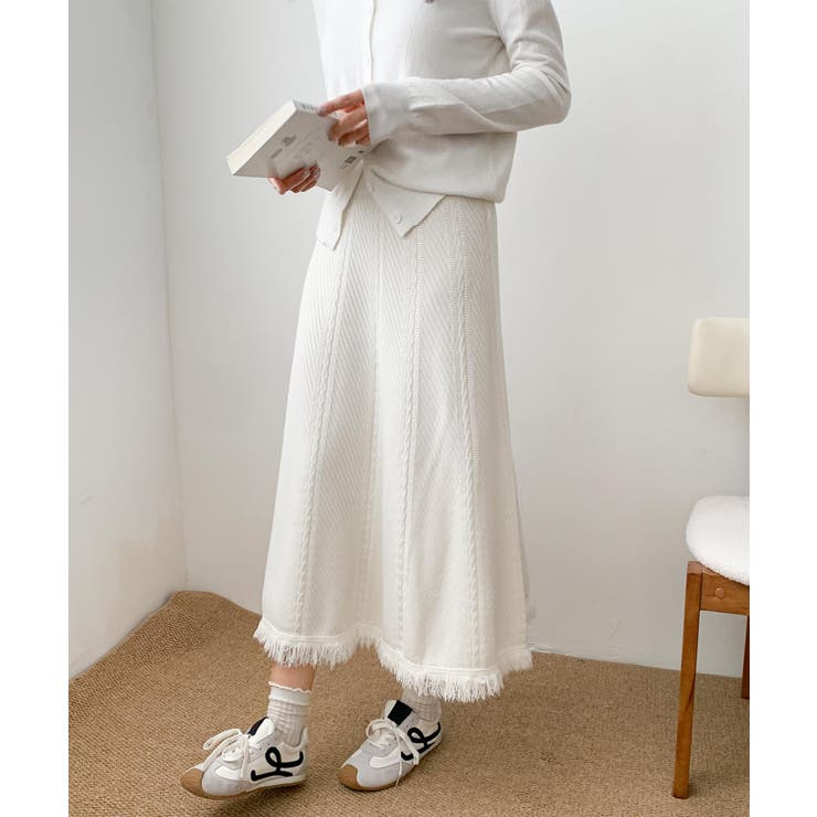 ライトベージュ | 編み柄ニットロングスカート | aimoha 