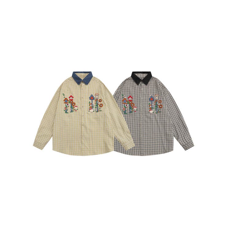 HOOK -select- レトロ調刺繍チェック柄デニム襟長袖シャツ[品番
