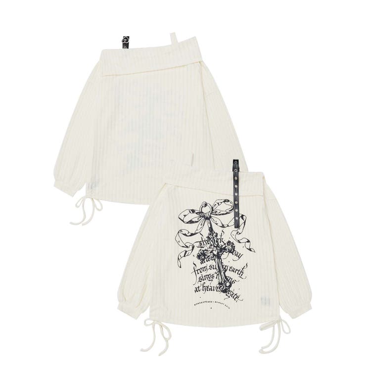 ベージュ | 【HOOK】for girls リボンプリントオープンショルダートップス | HOOK