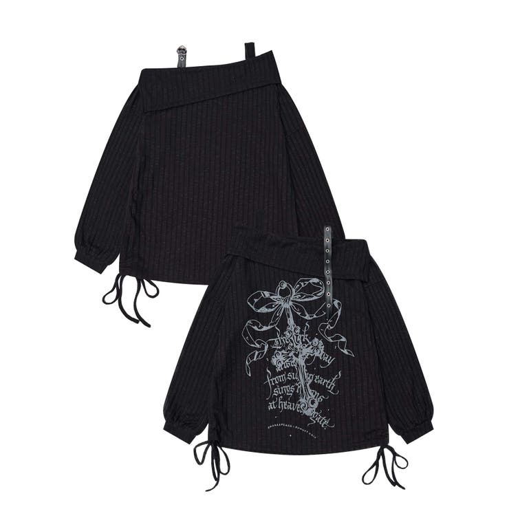 ブラック | 【HOOK】for girls リボンプリントオープンショルダートップス | HOOK