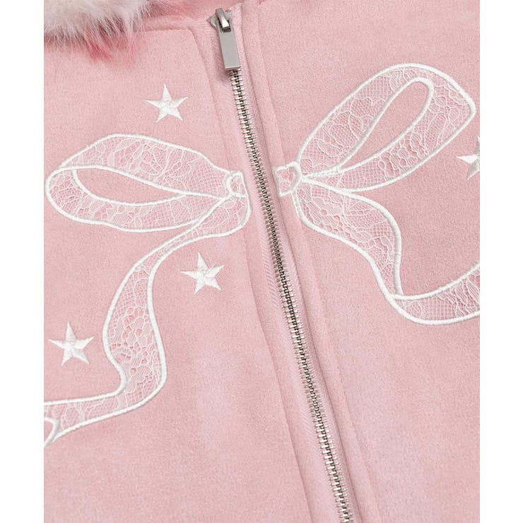 HOOK for girls レースリボン刺繍ファー付きスエード風ジャケット for girls レースリボン刺繍ファー付きスエード風ジャケット