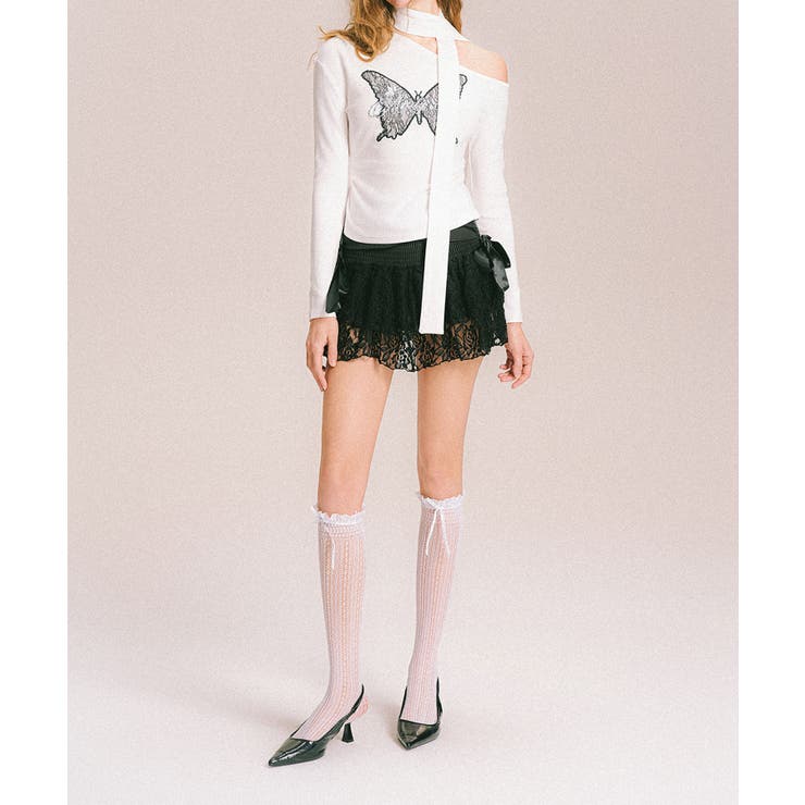 ホワイト | 【HOOK】for girls バタフライ刺繍ワンショルダートップス | HOOK