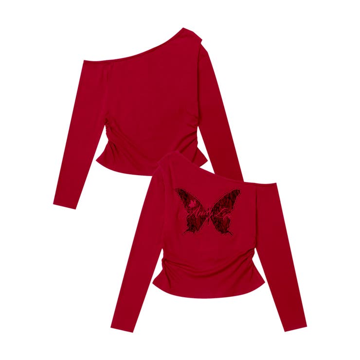 レッド | 【HOOK】for girls バタフライ刺繍ワンショルダートップス | HOOK