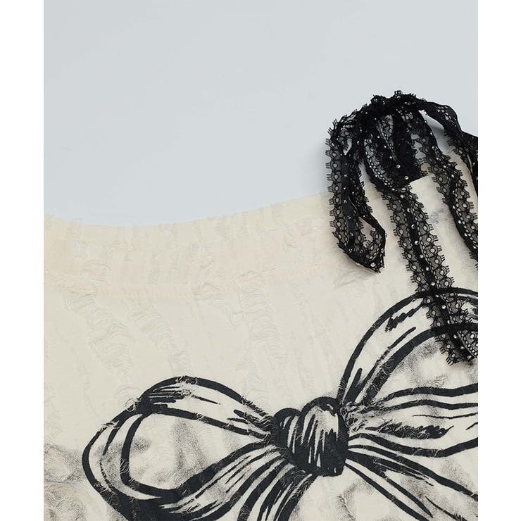 for girls リボンプリントオープンショルダーダメージトップス | HOOK | 詳細画像12 