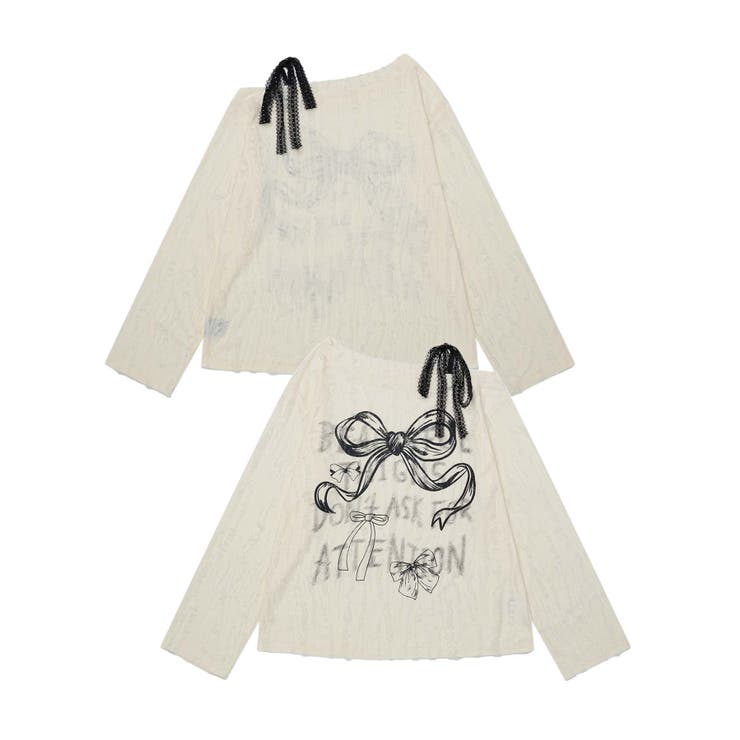 ベージュ | for girls リボンプリントオープンショルダーダメージトップス | HOOK