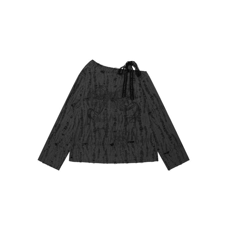 for girls リボンプリントオープンショルダーダメージトップス | HOOK | 詳細画像2 