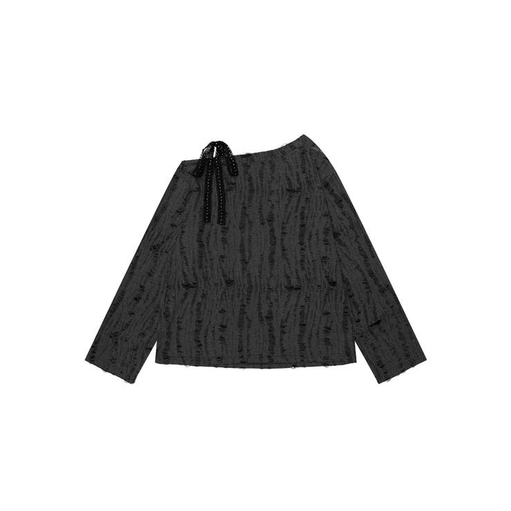 for girls リボンプリントオープンショルダーダメージトップス | HOOK | 詳細画像3 