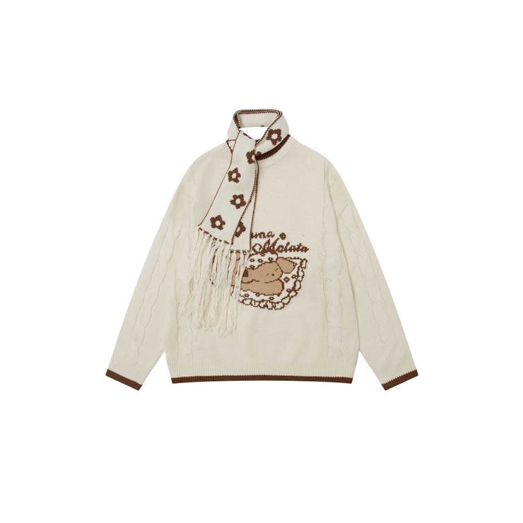 ライトベージュ | HOOK -select- マフラー付き犬イラストジャカードニット【AW】 | HOOK